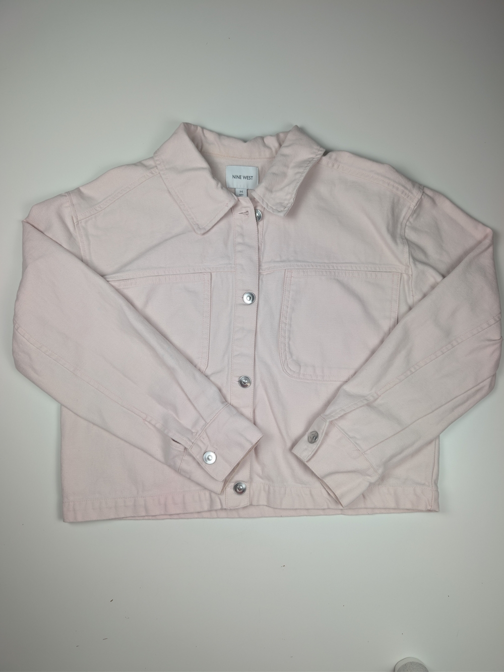 Nine West Womens Medium Light Pink Cotton Utility Denim Trucker Jacket Cropped